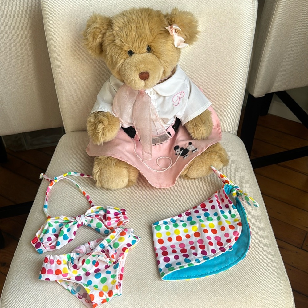 Build-a-bear Teddy Bear with 50’s Poodle skirt and Polka Dot Bikini Outfits